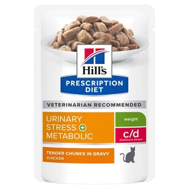 Hill\'s Prescription Diet Feline c/d Urinary Stress + Metabolic. Kattefoder mod overvægt og urinvejsproblemer. Vådfoder (dyrlæge diætfoder) 12 poser med 85 g 