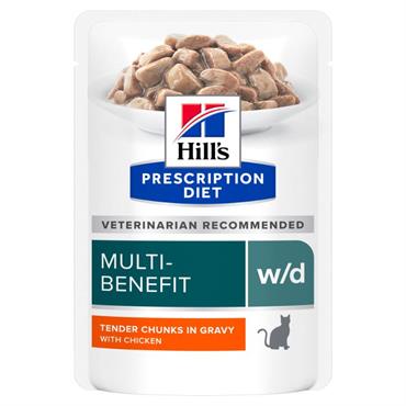 MINDST HOLDBAR TIL 04/2024 Hill\'s Prescription Diet Feline w/d. Kattefoder mod let overvægt og diabetes / sukkersyge. Vådfoder 12 x 85 g.