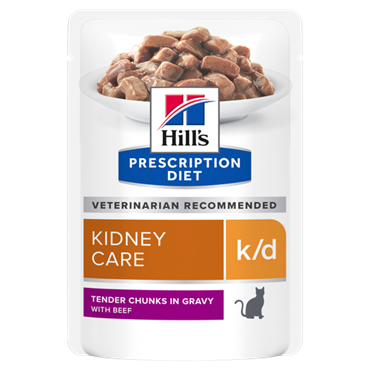 Hill\'s Prescription Diet Feline k/d BØF. Kattefoder mod nyreproblemer. Vådfoder (dyrlæge diætfoder) 12 poser med 85 g