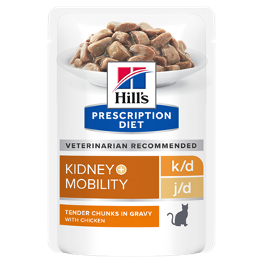 Hill\'s Prescription Diet Feline k/d + mobility. Kattefoder mod nyre- og ledproblemer. Vådfoder (dyrlæge diætfoder) 12 poser med 85 g