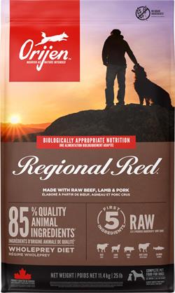 ORIJEN DOG Regional Red Diet. Hundefoder med råt oksekød, vildsvin, bison, lam og svinekød. 11,4 kg. IKKE LAGERVARER
