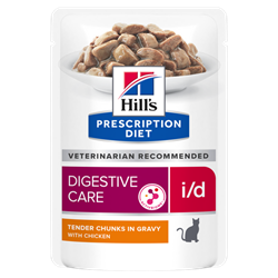 MINDST HOLDBAR TIL 05/2023. Hill's Prescription Diet Feline i/d KYLLING. Kattefoder mod dårlig mave / skånekost. Vådfoder (dyrlæge diætfoder) 12 poser med 85 g