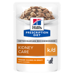 MINDST HOLDBAR TIL 03/2023 Hill's Prescription Diet Feline k/d KYLLING. Kattefoder mod nyreproblemer. Vådfoder (dyrlæge diætfoder) 12 poser med 85 g