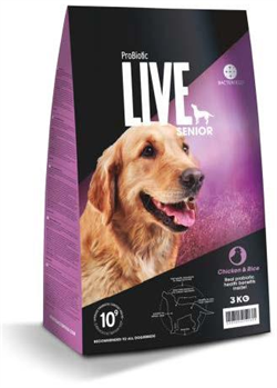 ProBiotic LIVE Senior Kylling & Ris. Hundefoder til senior. 12 kg