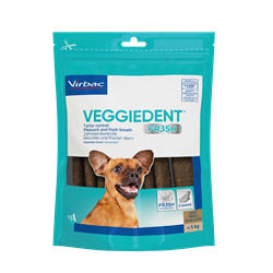 Virbac VeggieDent FRESH. Tyggestænger til hunde. VERY SMALL under 5 kg. 6 poser x 120 g.